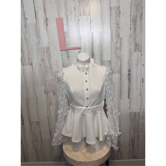 Womens Tops Floral Applique Ruffle Hem Frill Trim Top - Picture 1 of 7